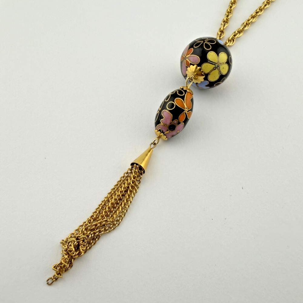 Vintage Cloisonne Enamel Floral Bead Tassel Necklace Long Gold Tone Chain‎ 26" - Picture 2 of 10